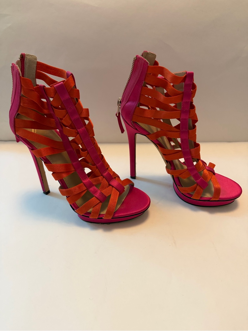 Brian Atwood Hot Pink & Orange Strappy Stiletto Heels - Picture 3 of 4